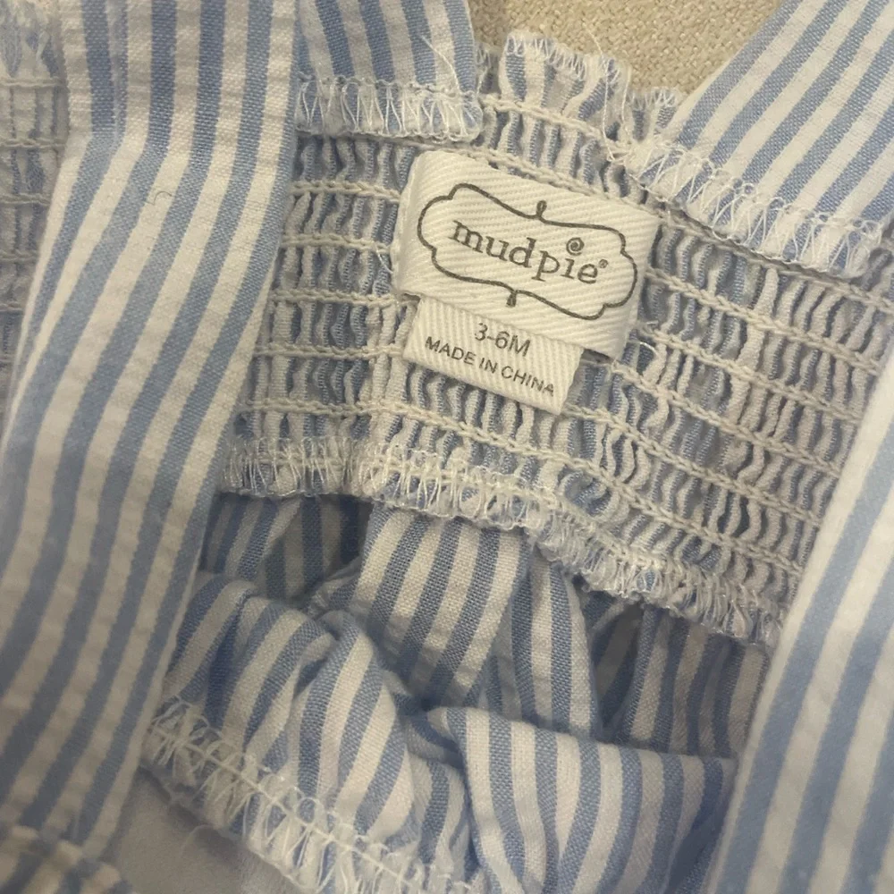 Mudpie blue and White Striped Bow Baby Romper 3-6months
